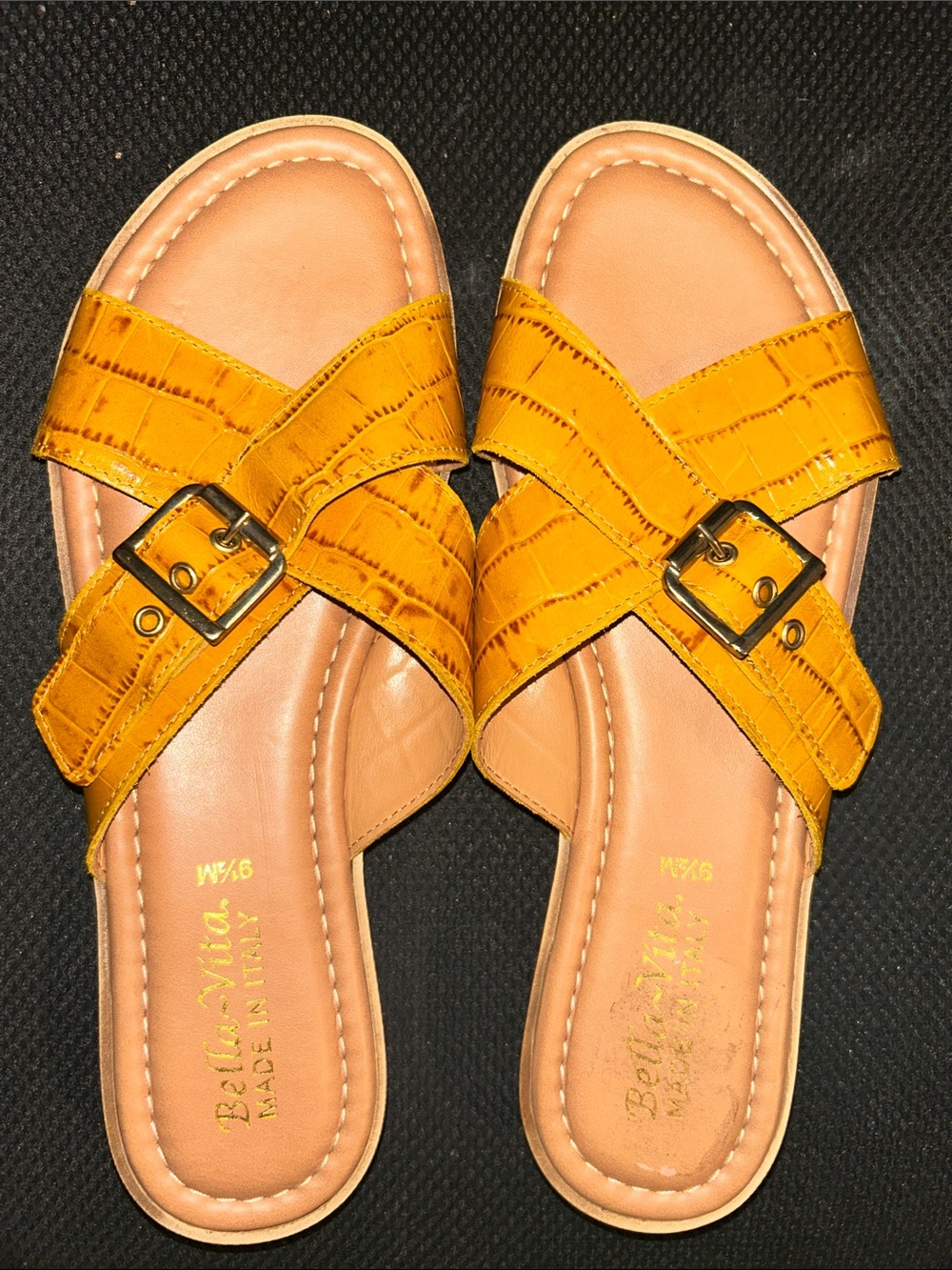 Bella Vita Yellow Croc-Embossed Slide Sandals with Buckles